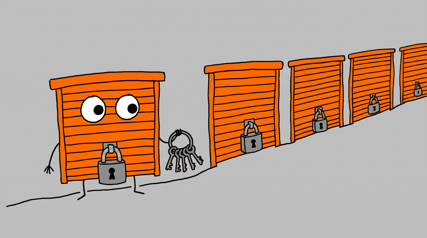The LOCKUP door, holding a ring of keys in front of a row of lock-ups